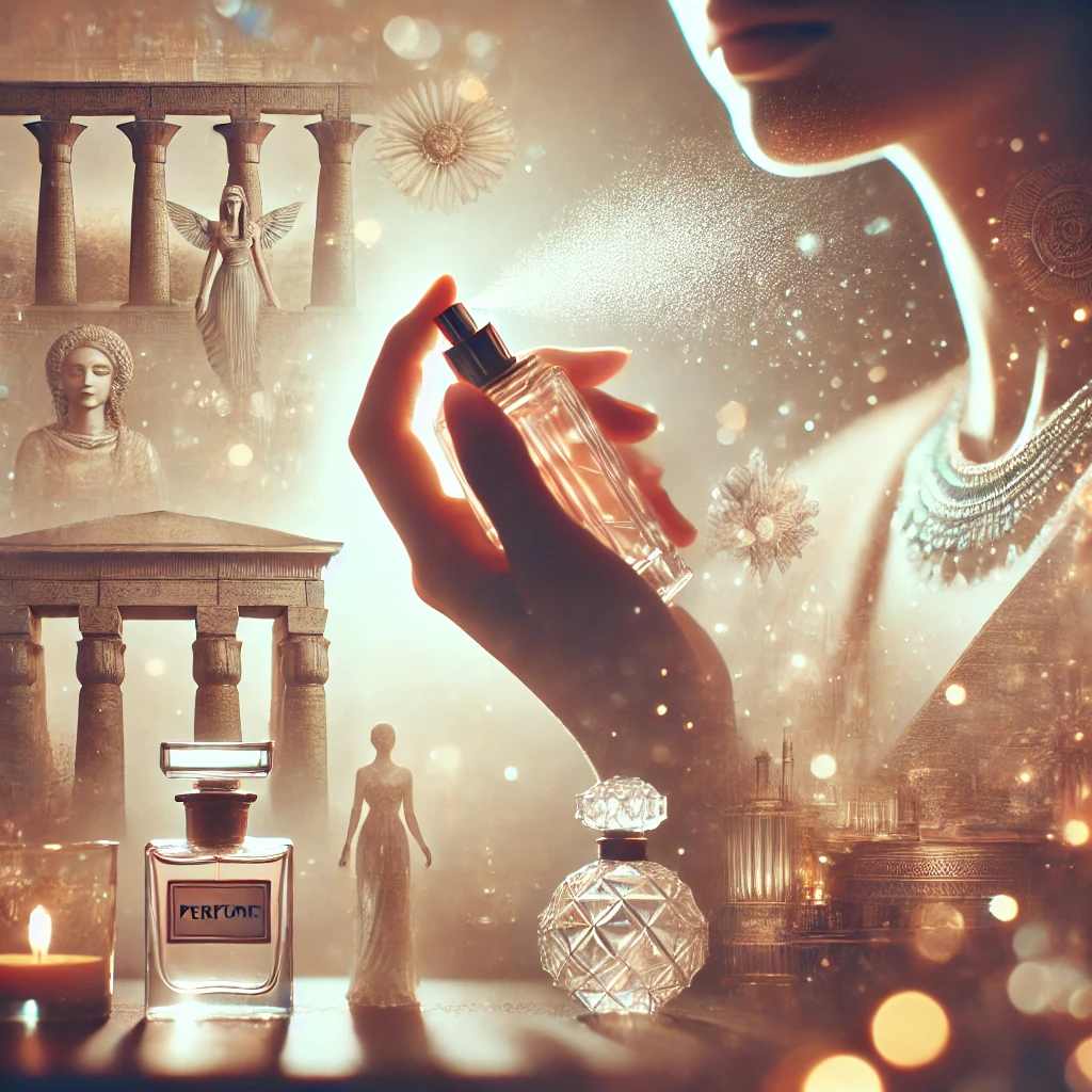 a woman's hand gently misting perfume