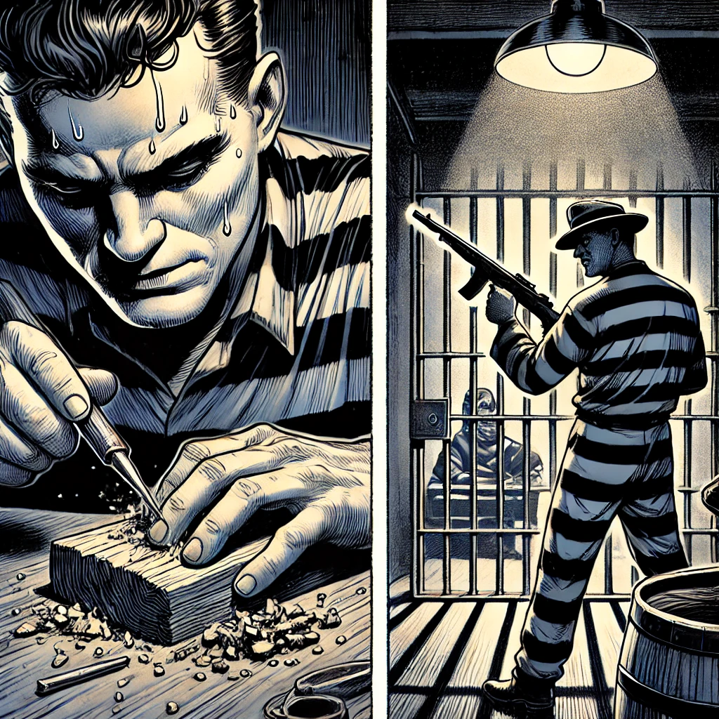 John Dillinger, clad in a striped prison uniform