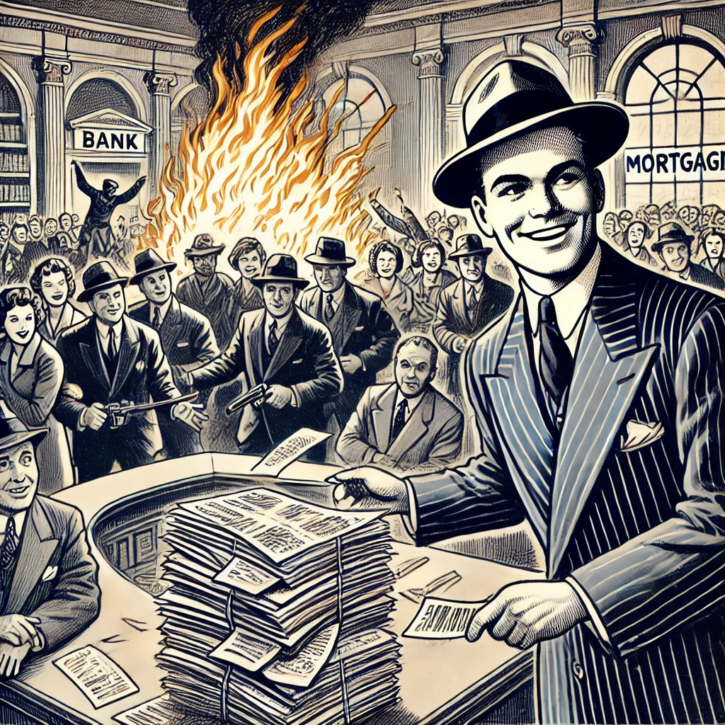 A noir graphic novel style scene of a crowded bank lobby during a heist