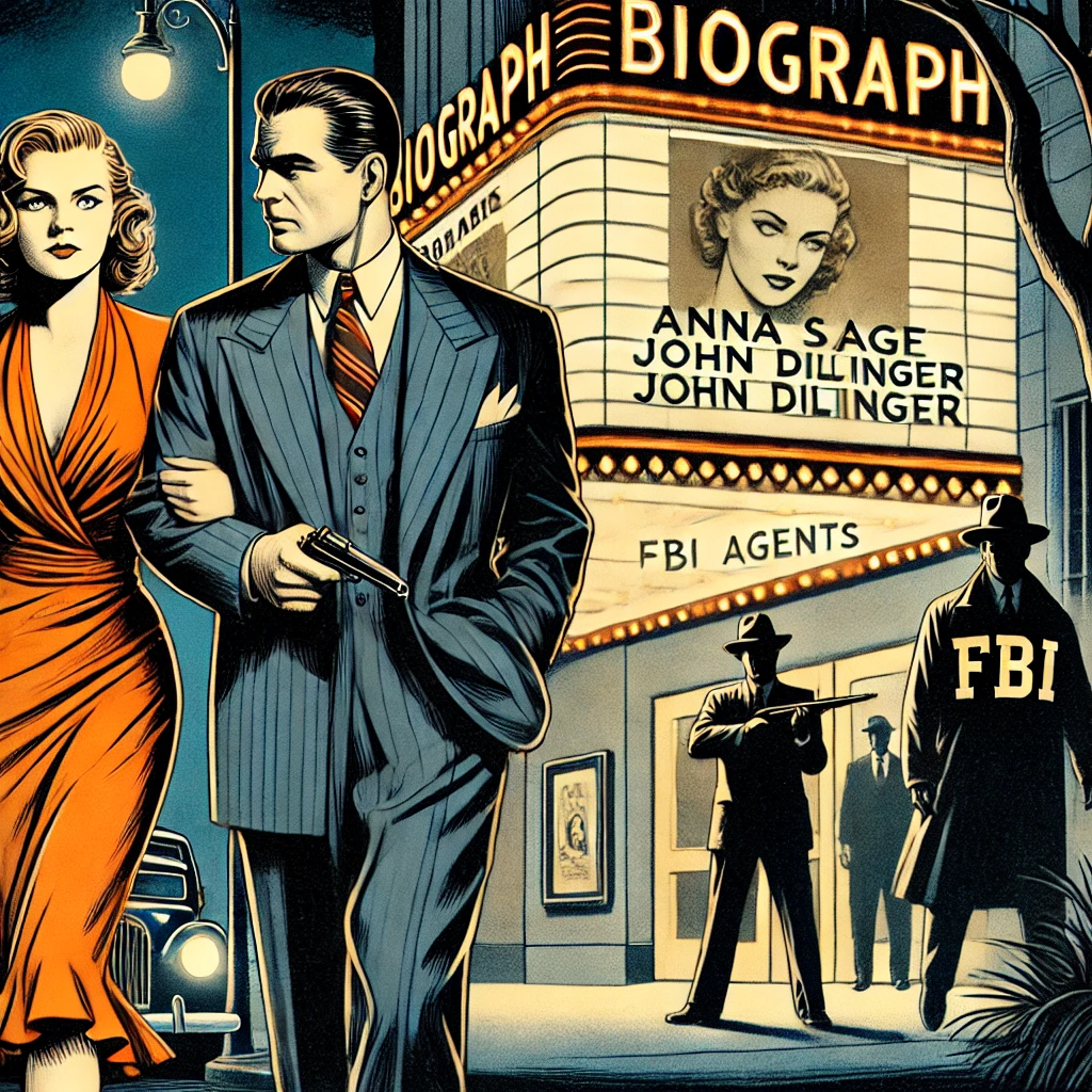 A noir graphic novel style scene outside the Biograph Theater at dusk