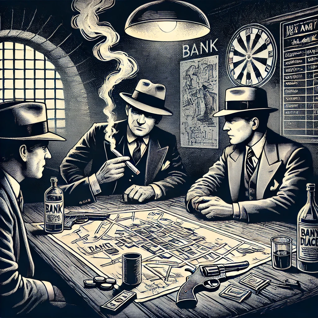A noir graphic novel style scene in a smoky underground hideout