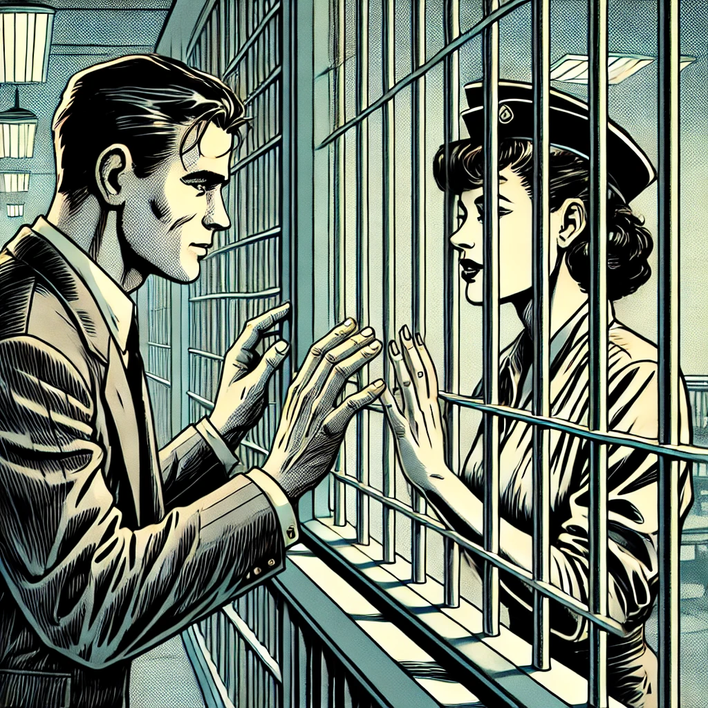 A noir graphic novel style scene in a prison visiting room