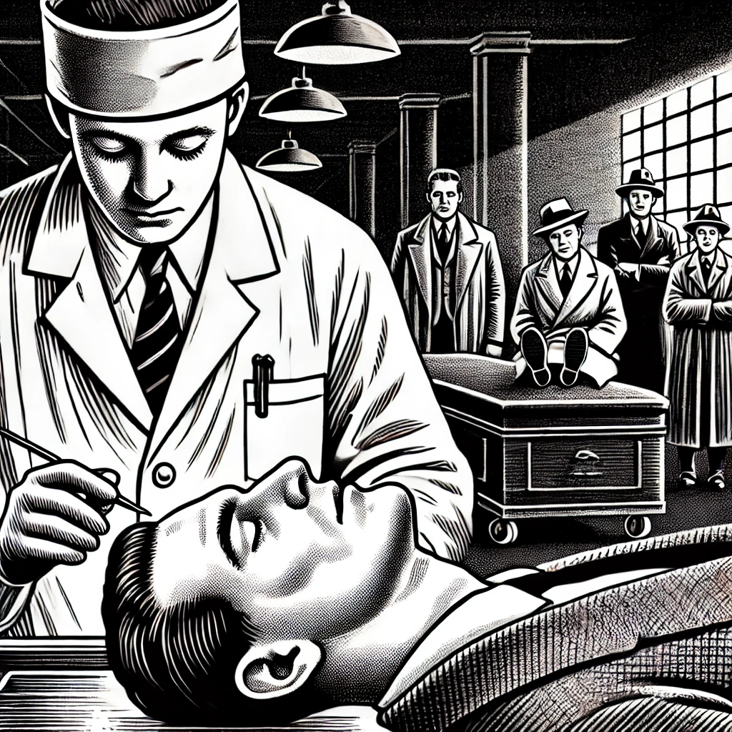 A noir graphic novel style scene in a sterile morgue