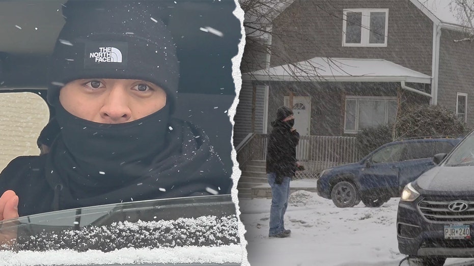 ICE agent speaks with bystanders on a snowy street in Minnesota during an operation, as seen in a viral video.