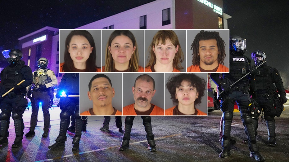 Police respond outside the SpringHill Suites by Marriott in Maple Grove during a protest later declared an unlawful assembly.