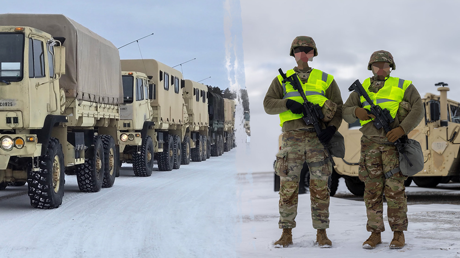 Minnesota National Guard members wearing high-visibility yellow vests in a social media photo with blurred faces.
