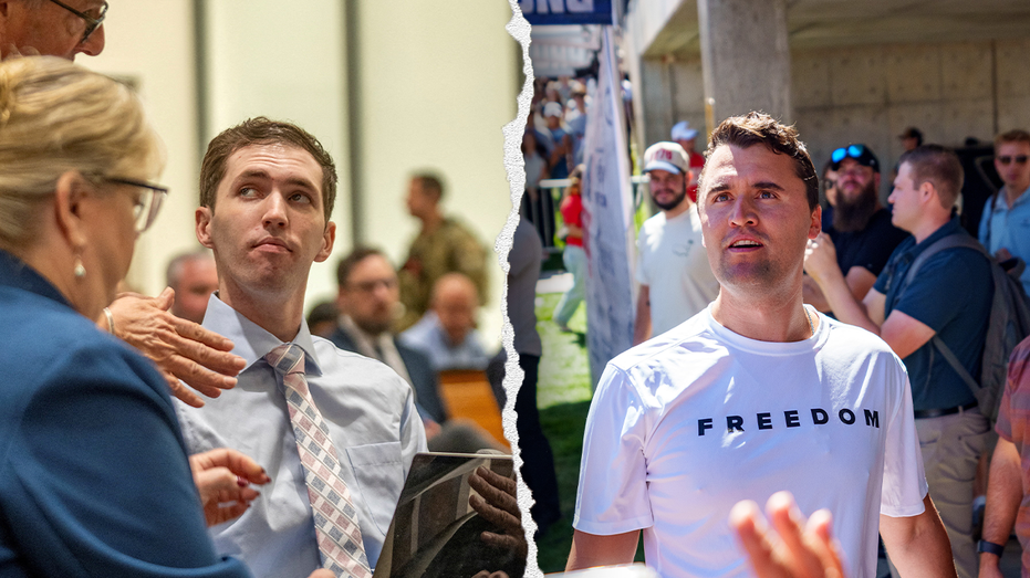 Split image of Tyler Robinson in court and Charlie Kirk at a Utah Valley University event.