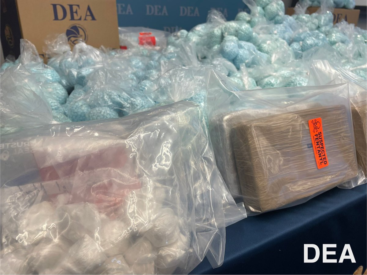 Clear bags of fentanyl pills and bricks of powdered fentanyl seized by the DEA Rocky Mountain Field Division in 2025.