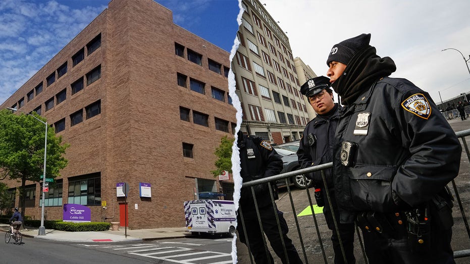 Illustrative photo showing NYPD police vehicles and NYU Langone Health hospital signage.