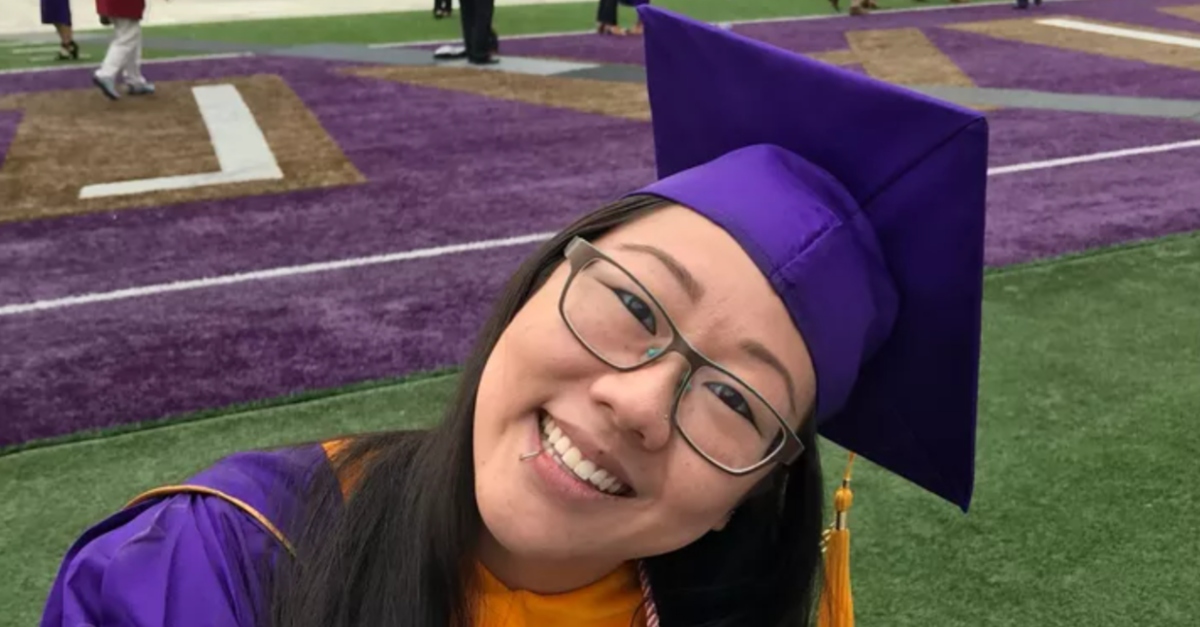 Christy Bautista appears in an image wearing her graduation cap and smiling.