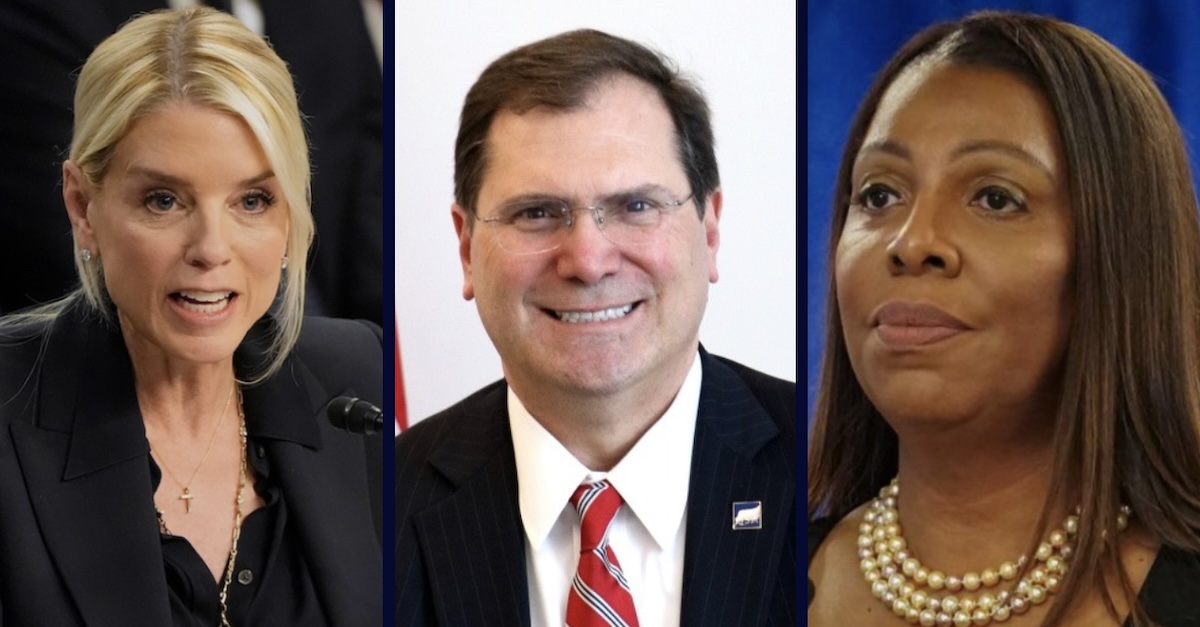 Composite of Pam Bondi, John Sarcone, and New York Attorney General Letitia James