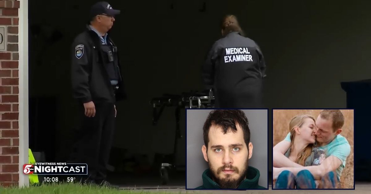 Left: Jack Ball. Right: Bethany Ann Israel with her husband Josh. Background: Authorities outside the Lakeville home where the killing occurred.