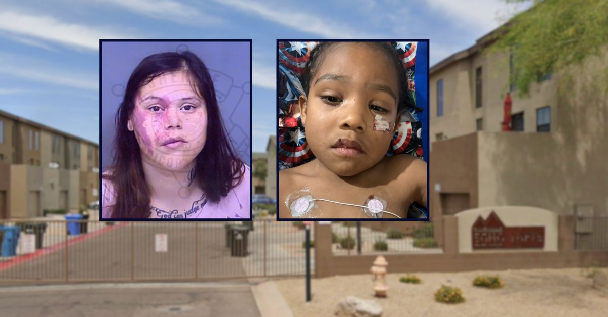 Joanna Chalup Cortez and 4-year-old Qahsiem Sinclair inset over the Phoenix apartment complex where the shooting occurred.