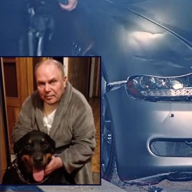 Inset: Andriy Korshunov with his service dog. Background: The Maserati that was being driven by the hit-and-run driver who killed Andriy Korshunov in California's San Fernando Valley (KTLA/YouTube). - lawandcrime