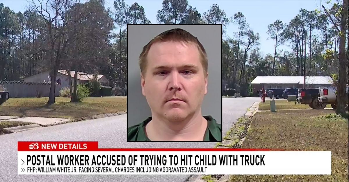 Composite image: William White booking photo (Escambia County Sheriff's Office) and a view of the Escambia County street from a WEAR/YouTube report; authorities allege he drove a USPS truck toward a 10-year-old.
