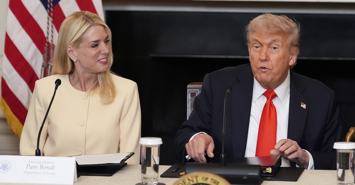 President Donald Trump speaks as Attorney General Pam Bondi listens during a meeting at the White House, June 5, 2025. (AP Photo/Alex Brandon)