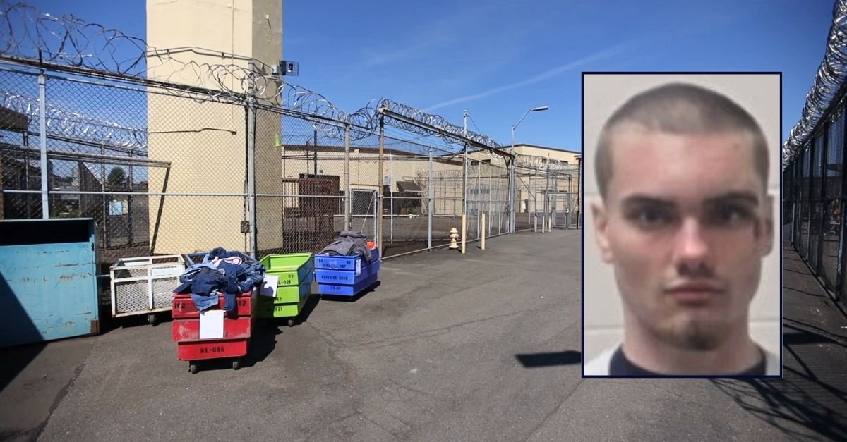 Inset of Grayson Painter with the Oregon State Correctional Institution in the background.
