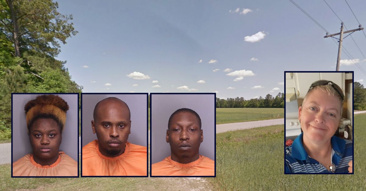 Left to right: booking photos of Iryanna Fleming, Daquinn Thomas, and Nikko Carraway; far right: Dana Kinlaw; background shows the rural Effingham, South Carolina road where Kinlaw was found.