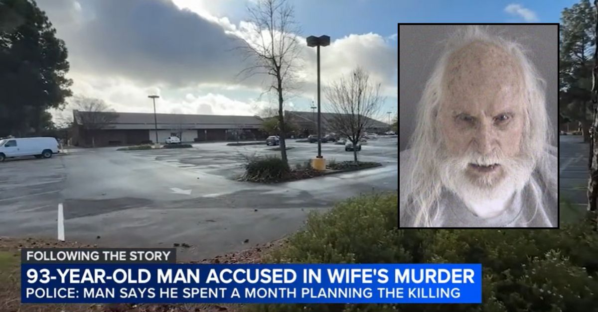 News footage of the Fremont shopping center parking lot with an inset booking photo of 93-year-old Richard Hocking.