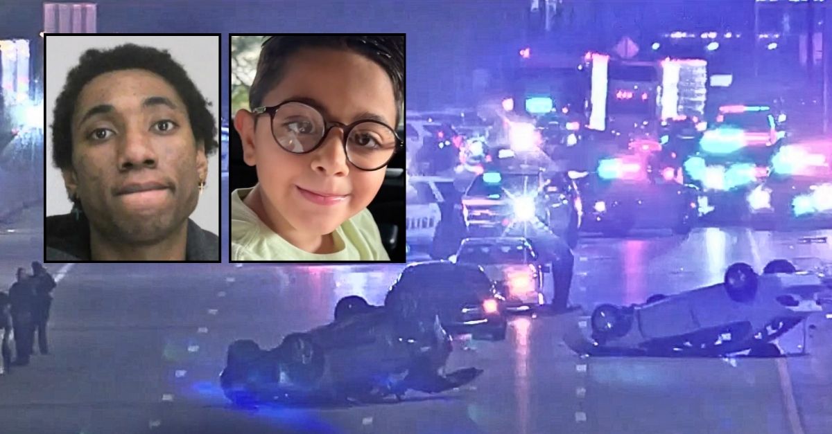 Composite image showing alleged driver Michael McRae and 7-year-old Saeed Abbasova with a background of the Dallas crash scene (KDFW/Dallas County Sheriff's Office).