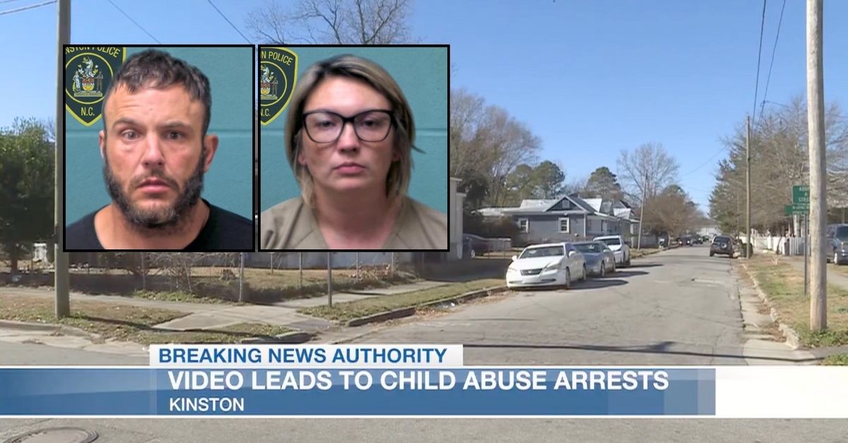 Mugshots of Joshua Stockton and Amy Gauthier; background shows the 400 block of Manning Street in Kinston, North Carolina.
