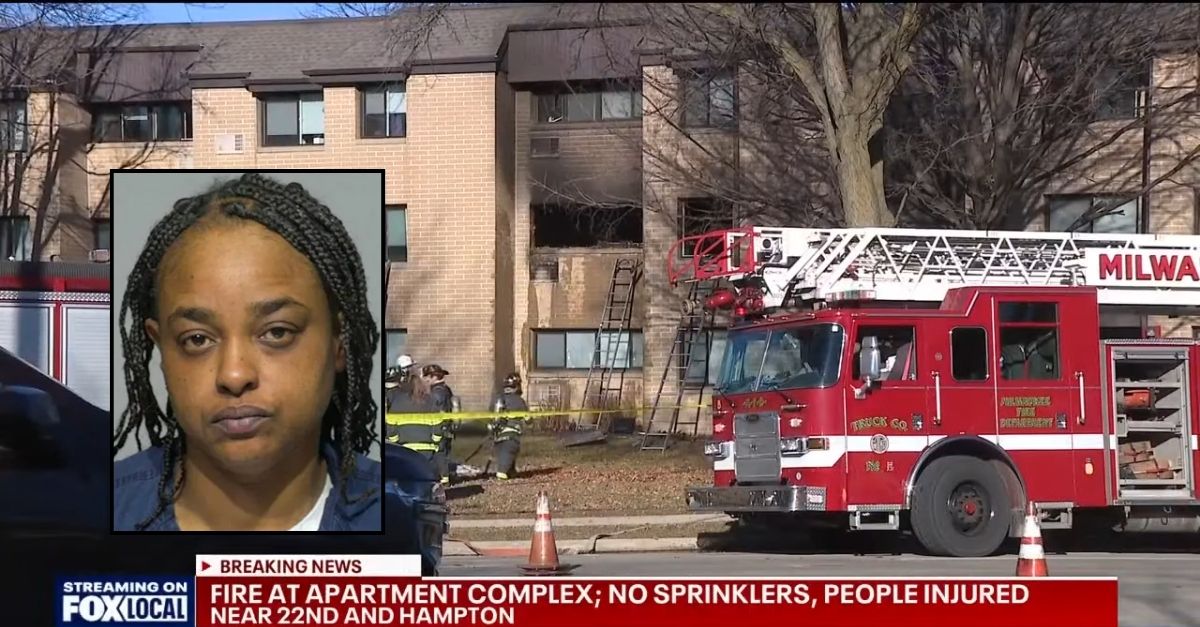 Composite image showing Laquita Spears' mugshot and Milwaukee firefighters responding to the apartment blaze allegedly sparked during a dispute with her father.