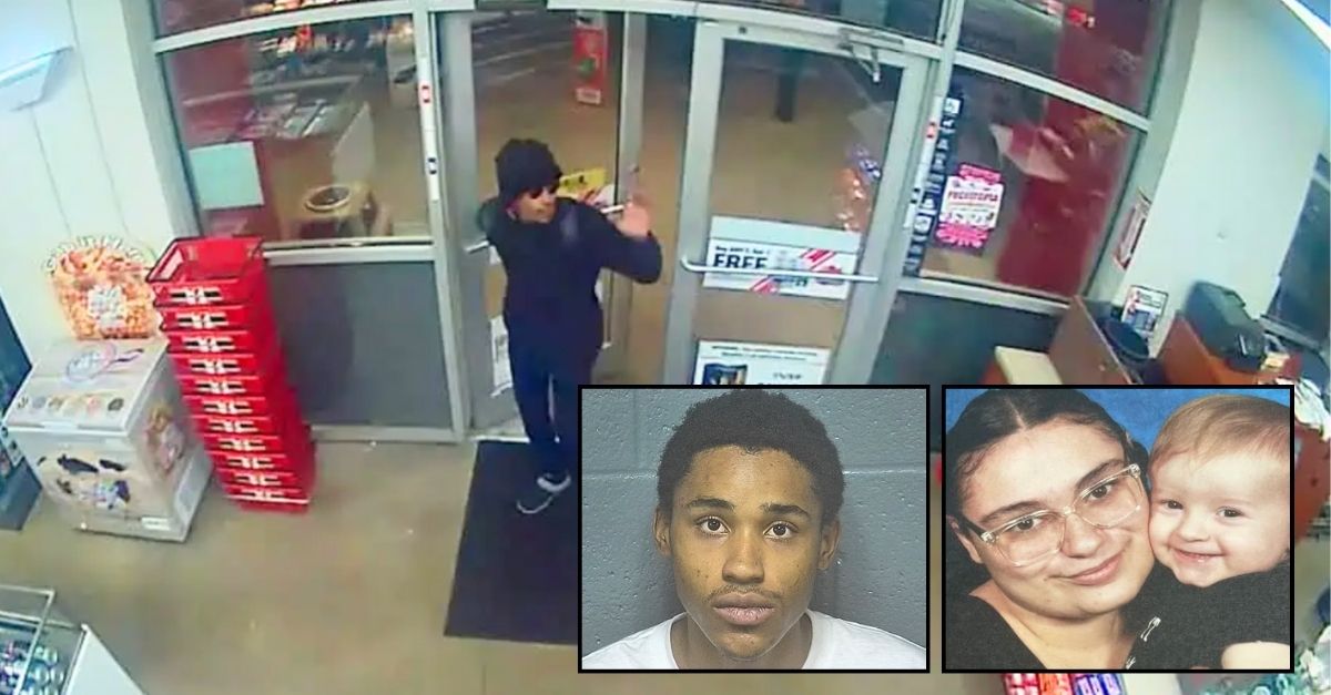 Left inset: Anthony Gonzalez (U.S. Marshals Service). Right inset: Jaedynn Anthony (GoFundMe). Background: Surveillance video allegedly shows Anthony Gonzalez entering the 7-Eleven in Oklahoma where 18-year-old Jaedynn Anthony worked and greeting her before robbing and killing the new mom (Oklahoma City Police Department).