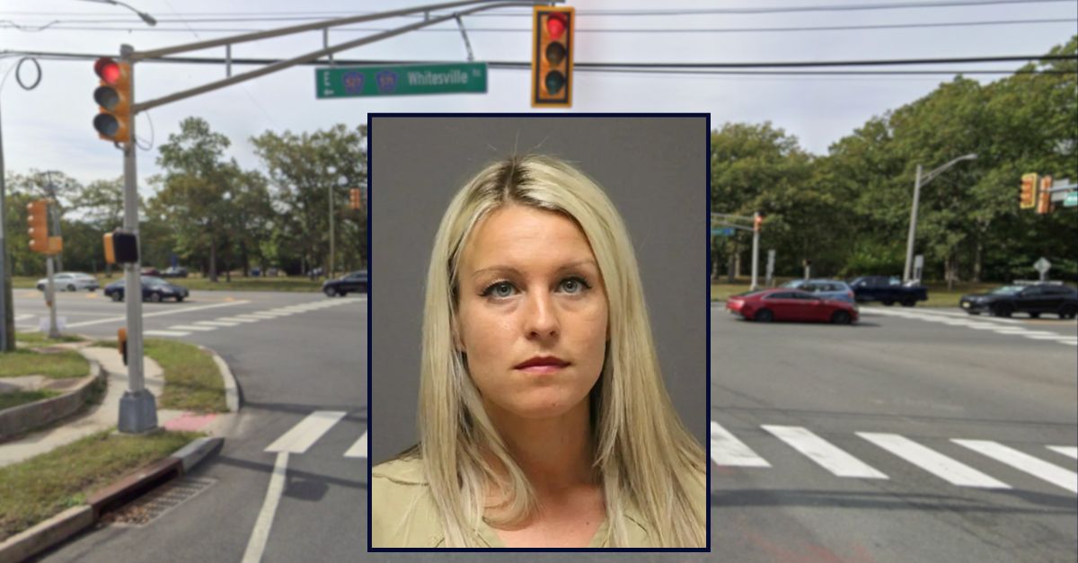 Inset booking photo of Danielle Bowker over an image of the Route 571 intersection in Manchester Township, New Jersey.