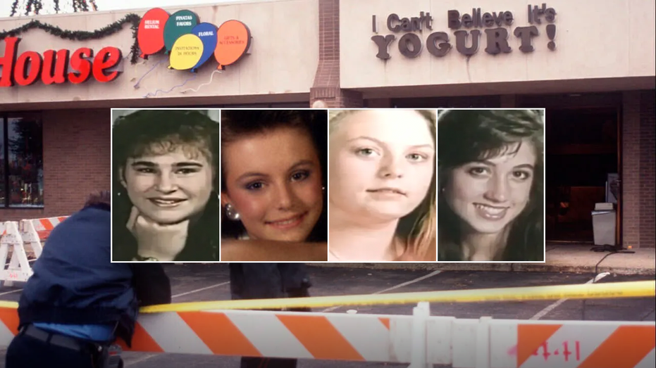 Composite showing victims Eliza Thomas, Jennifer Harbison, Sarah Harbison, and Amy Ayers over a photo of the Austin yogurt shop crime scene.