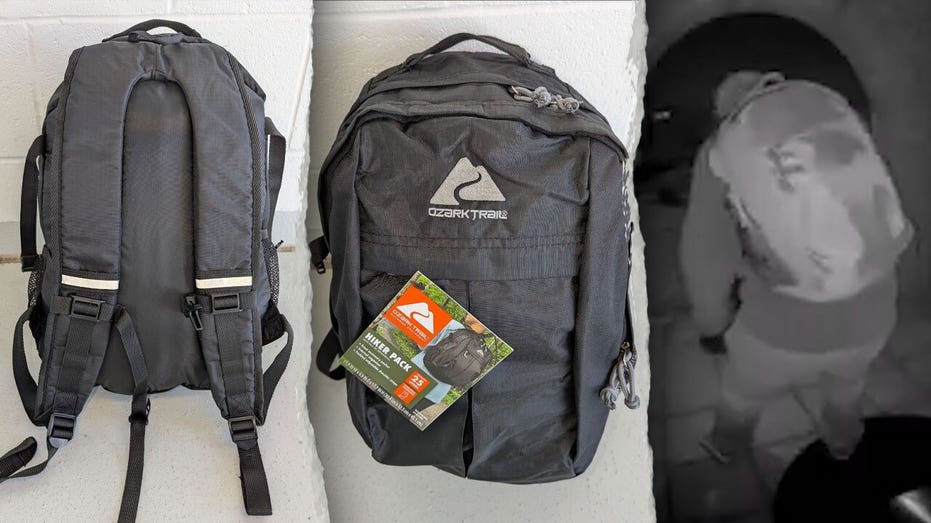 Composite image of a black 25L Ozark Trail Hiker Pack and a surveillance still released in the Nancy Guthrie investigation.