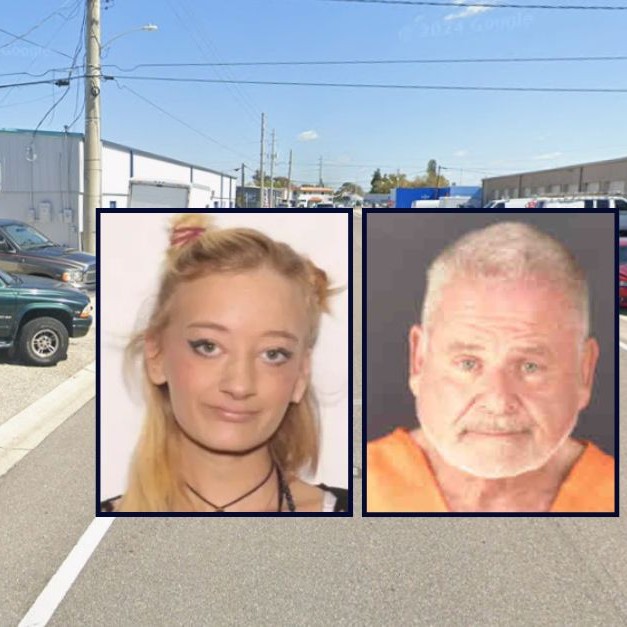 Insets: Laikyn Marie West and Ronald Racki (Venice police). Background: The 500 block of Spur Street in Venice, Florida. where Racki owns a used car dealership (Google Maps). - Venice Police Department