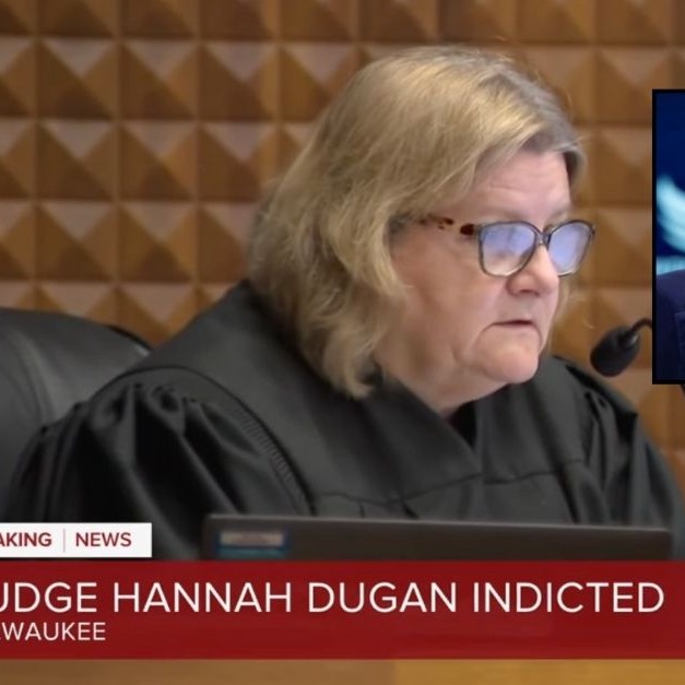 Background: Milwaukee County Judge Hannah Dugan in court (WTMJ/YouTube). Left inset: Donald Trump speaks at the annual Road to Majority conference in Washington, DC, in June 2024 (Allison Bailey/NurPhoto via AP). Right inset: Surveillance video shows Milwaukee County Judge Hannah Dugan speaking with ICE agents before Eduardo Flores-Ruiz's detainment (WDJT/YouTube). - Law & Crime