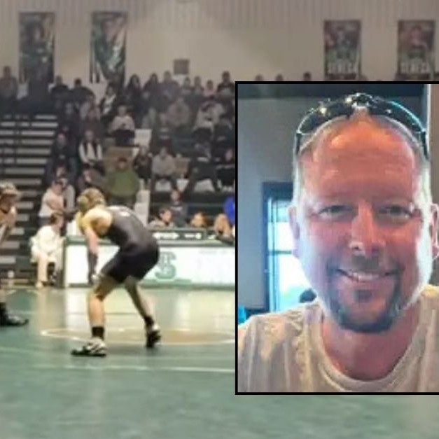 Inset: Oron Beebe (Gardner Funeral Home). Background: Luke Humphrey, 18, in the red singlet wrestling in his first match of the season after being charged with manslaughter for allegedly killing New Jersey father Oron Beebe with a fatal punch (Hometown Athletic Network/YouTube). - Hometown Athletic Network/YouTube