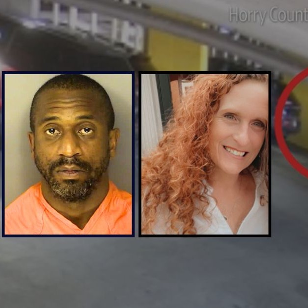 Insets, from left: Bornold Alastair Eberhart (Fifteenth Judicial Circuit Solicitor's Office) and Kristen Laymon (Perimeter Church). Background: Eberhart, in red circle, lifts Laymon's body into his trunk at a South Carolina hotel (Fifteenth Judicial Circuit Solicitor's Office via Sun News). - Fifteenth Judicial Circuit Solicitor's Office via Sun News