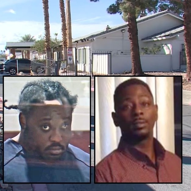 Left inset: Mychael Thompson (KLAS/YouTube). Right inset: Antwon Watson (KSNV/YouTube). Background: The Las Vegas apartment complex where Mychael Thompson allegedly shot and killed his longtime pal and "roommate" Antwon Watson (KLAS/YouTube). - KLAS/YouTube