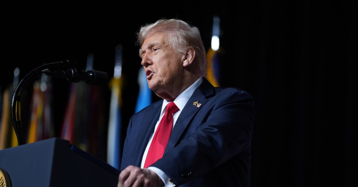 President Donald Trump speaks at Marine Corps Base Quantico in 2025.