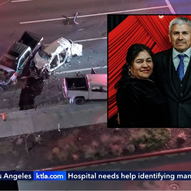 Background: News footage of the scene of the crash on Feb. 6 (KTLA). Inset: Patty and Genry Ortiz (GoFundMe). - lawandcrime