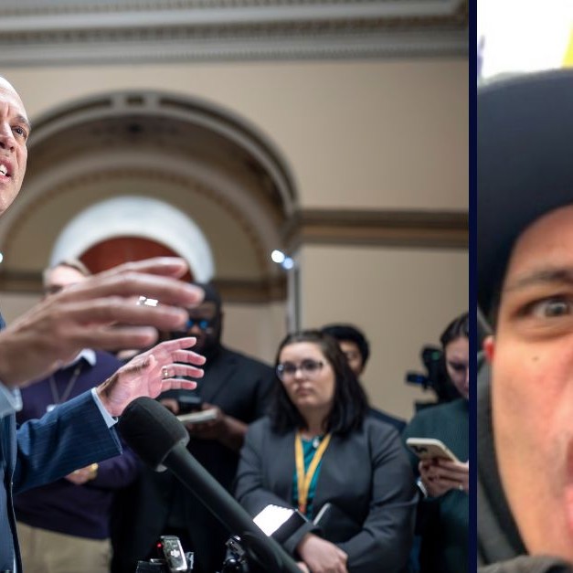 Left: House Minority Leader Hakeem Jeffries, D-N.Y., speaks to reporters on day 17 of the government shutdown, at the Capitol in Washington, Friday, Oct. 17, 2025 (AP Photo/J. Scott Applewhite). Right: Christopher Moynihan during the Jan. 6 riot (FBI court filings). - lawandcrime