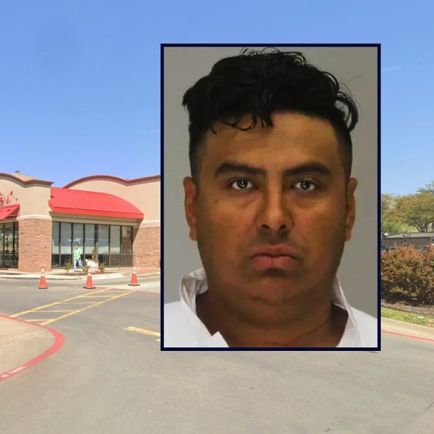 Inset: Oved Bernardo Mendoza Argueta (Dallas County Jail). Background: The since-shuttered Chick-fil-A where Argueta killed two people in Irving, Tex. (Google Maps). - lawandcrime