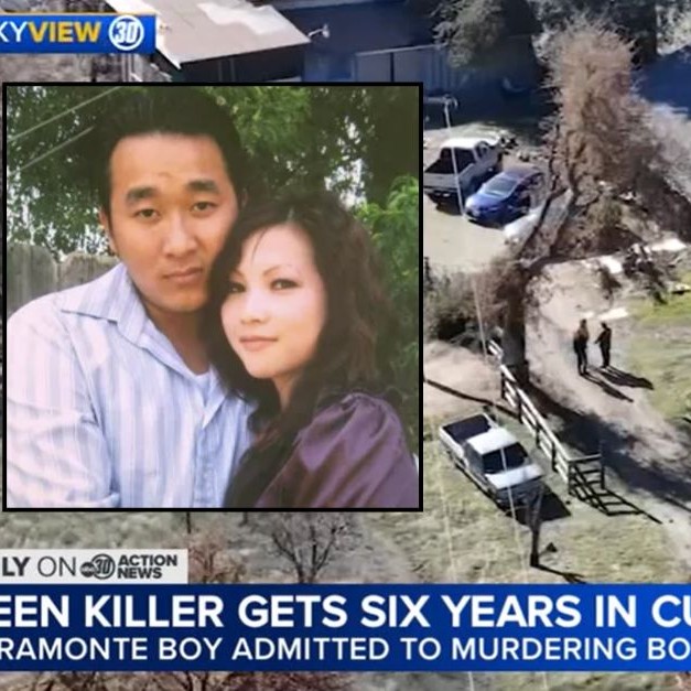 Background: News footage of the home of Lue Yang and Se Vang, who were killed by their teenage son on Dec. 27, 2023 (KFSN). Inset: Lue Yang and Se Vang (GoFundMe). - lawandcrime