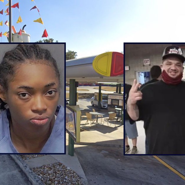 Inset left: Adiah Roberson (San Antonio Police Department). Inset right: Daniel Shrewsbury (Obituary). Background: The Sonic Drive-In where Roberson killed Shrewsbury in San Antonio, Tex. (Google Maps). - lawandcrime