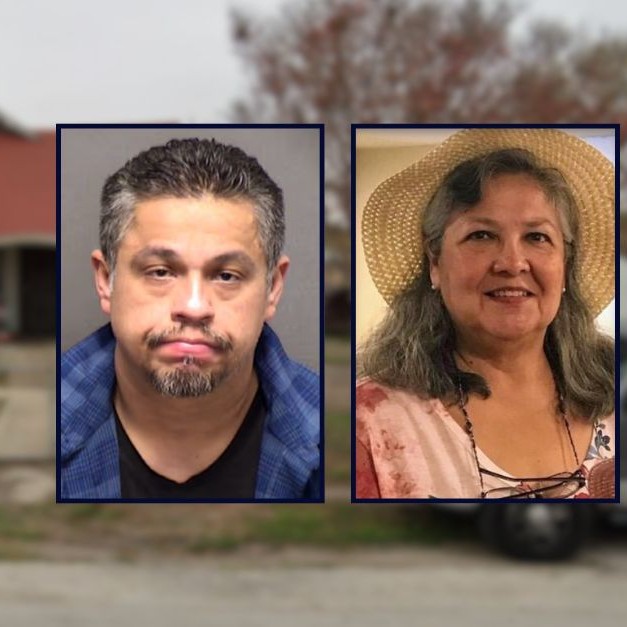 Inset left: Frank Falcon (San Antonio Police Department). Inset right: Linda Webster (Obituary). Background: The house where Falcon allegedly shot and killed Webster in San Antonio, Tex. (Google Maps). - lawandcrime