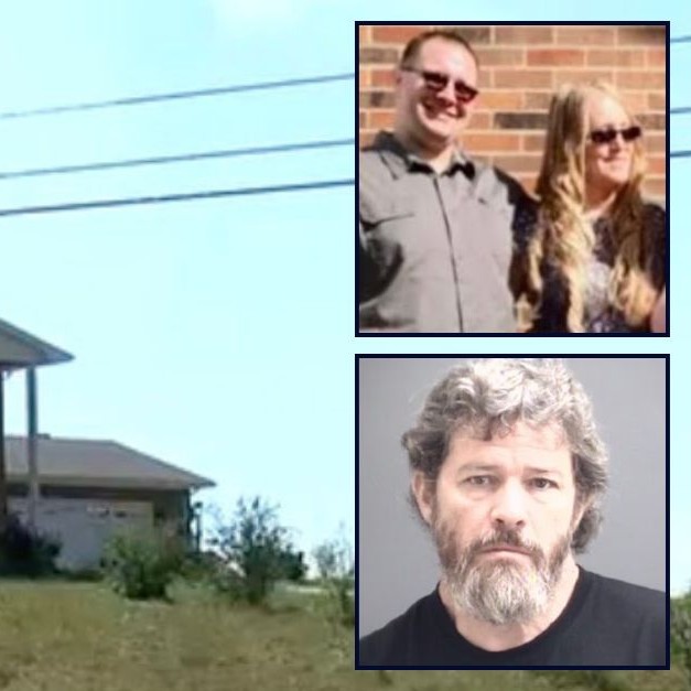 Inset, top to bottom: Michael Kegg III and Malisa Kegg (GoFundMe) and Michael Kegg Jr. (Gibson County Sheriff's Office). Background: The house where the victims were killed in Francisco, Ind. (Google Maps). - lawandcrime