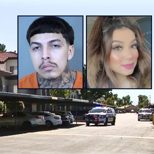 Left inset: Rueben Rocha (Maricopa County Sheriff's Office). Right: Jordin Miranda Castillo (GoFundMe). Background: The Arizona apartment complex where Rueben Rocha shot and killed his pregnant ex-girlfriend Jordin Miranda Castillo (KSAZ/YouTube). - lawandcrime