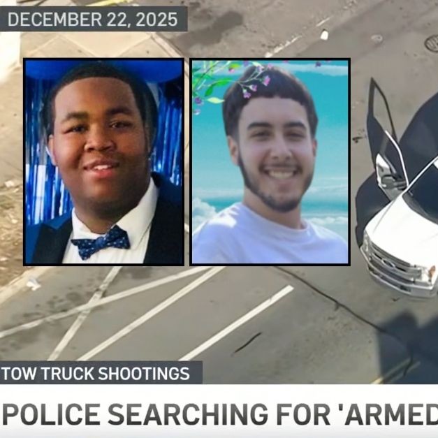 Inset left: Aaron Whitfield (GoFundMe). Inset middle: David Garcia Morales (McCafferty Sweeney Slabinski Barnes Funerals and Cremations). Inset right: Najee Williams (Philadelphia Police Department). Background: The scene of a shooting in Philadelphia, Pennsylvania, where a tow truck driver was killed, on Dec. 22, 2025 (WCAU/YouTube). - lawandcrime