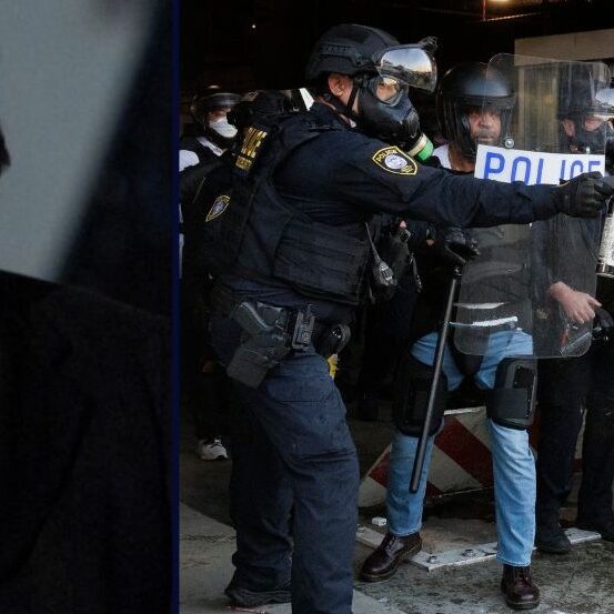 Left: President Donald Trump speaks with reporters before departing on Marine One from the South Lawn of the White House, Tuesday, Jan. 20, 2026, in Washington (AP Photo/Alex Brandon). Right: Department of Homeland Security officers use pepper spray as they clash with protesters outside the Metropolitan Detention Center in Los Angeles, Calif., on Jan. 30, 2026. This protest was a part of a national demonstration in opposition to ICE activities across the country (Caylo Seals/Sipa USA). - lawandcrime