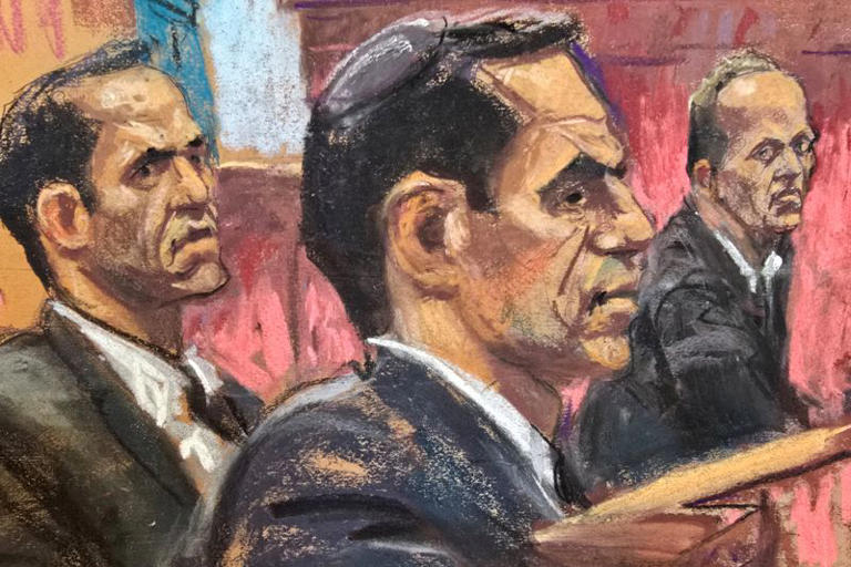 Courtroom sketch depicting the three Alexander brothers during their federal trial.