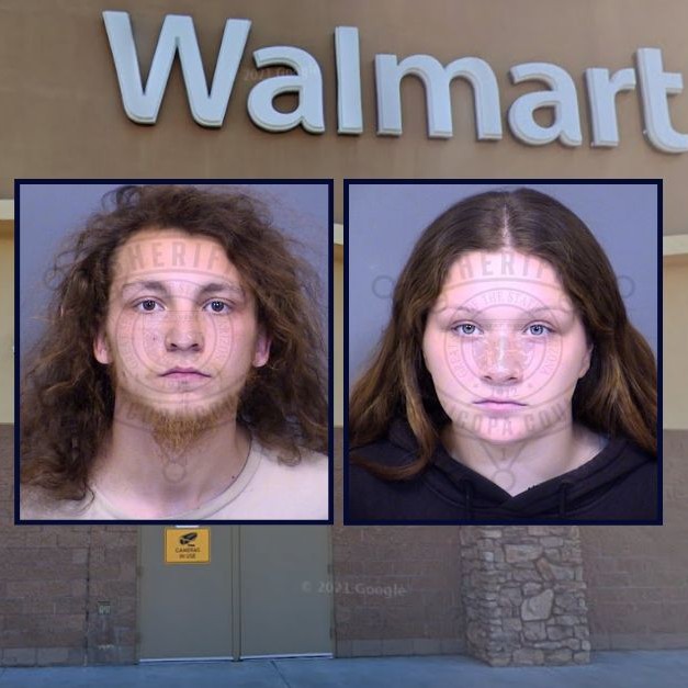 Insets, left to right: Alexander Black and Arianna Foster (Maricopa County Sheriff's Office). Background: Walmart in Glendale, Arizona, where Black and Foster allegedly assaulted people (Google Maps). - Maricopa County Sheriff's Office
