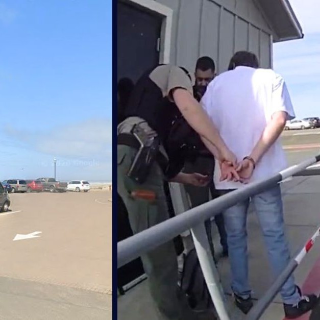 Inset: Izac Rutledge being arrested at the Rockaway Beach Wayside parking lot in Oregon (Tillamook County Sheriff's Office). Background: The Rockaway Beach Wayside parking lot where Izac Rutledge stabbed a man after the victim confronted him and a female driver Rutledge was riding with, who hit the victim's pregnant wife (Google Maps). - Tillamook County Sheriff's Office