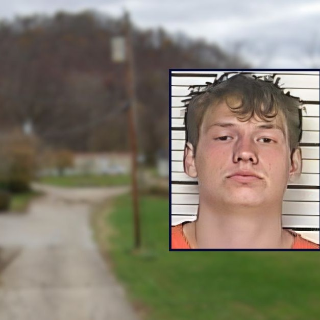 Inset left: Damien Hebbeler (Green County Detention Center). Inset right: Kylie Marie Weitz (Obituary). Background: A cracked pavement road leads to the residence where Hebbeler killed Weitz in Garrison, Ky. (Google Maps). - Law & Crime